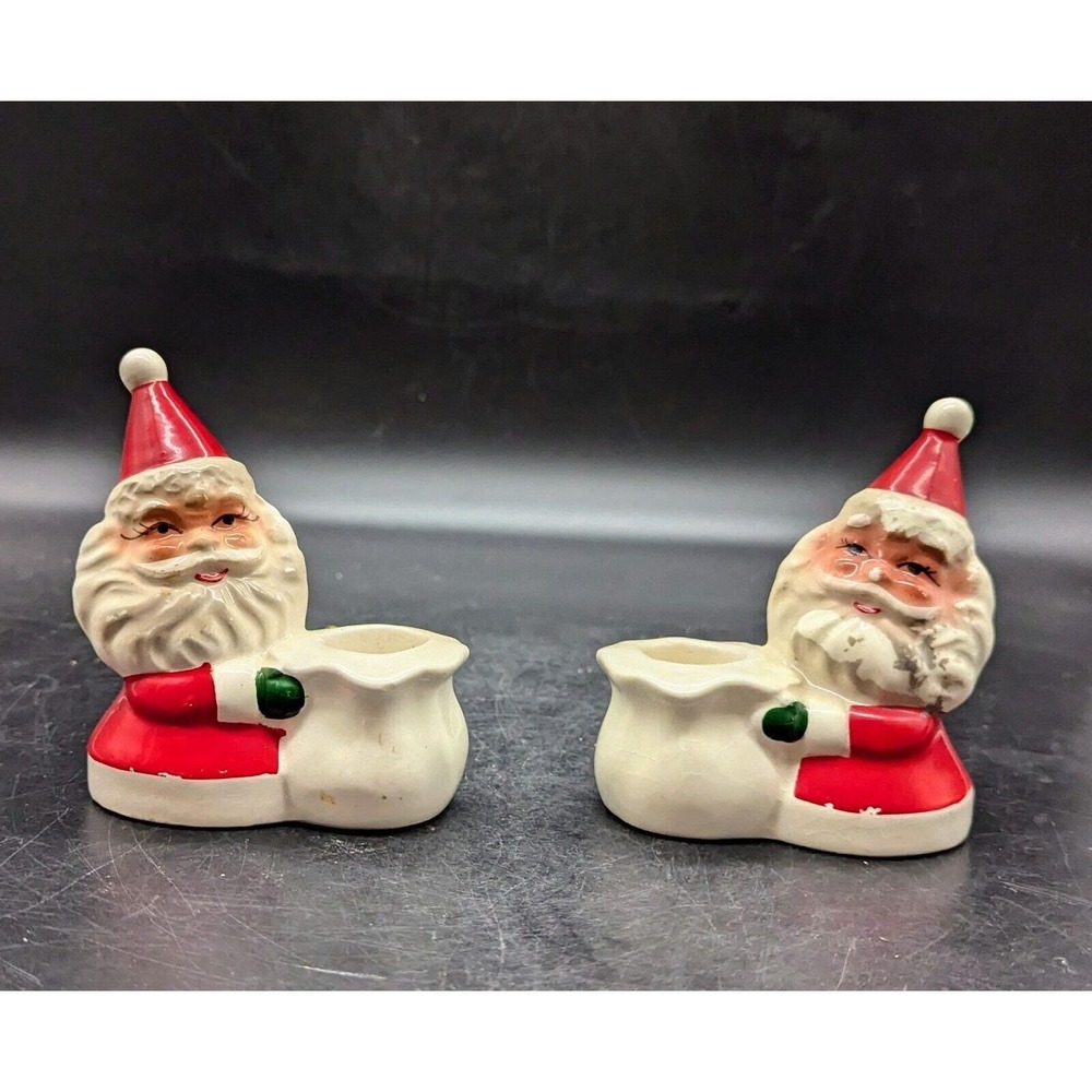 Vintage Pair of Brinn's Ceramic Santa Claus Taper Bag Candle Holder Japan 4"